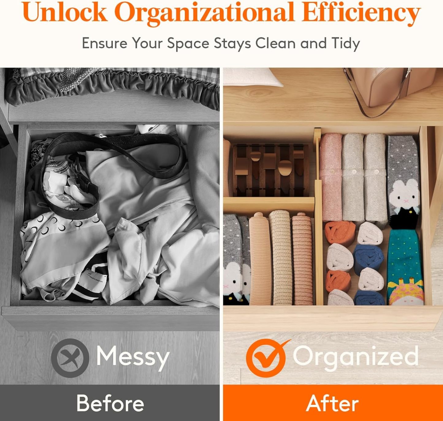 5 Pack Drawer Dividers Bamboo 4" High, 12-17" Adjustable Drawer Organizers for Clothes, Expandable Dresser Separators