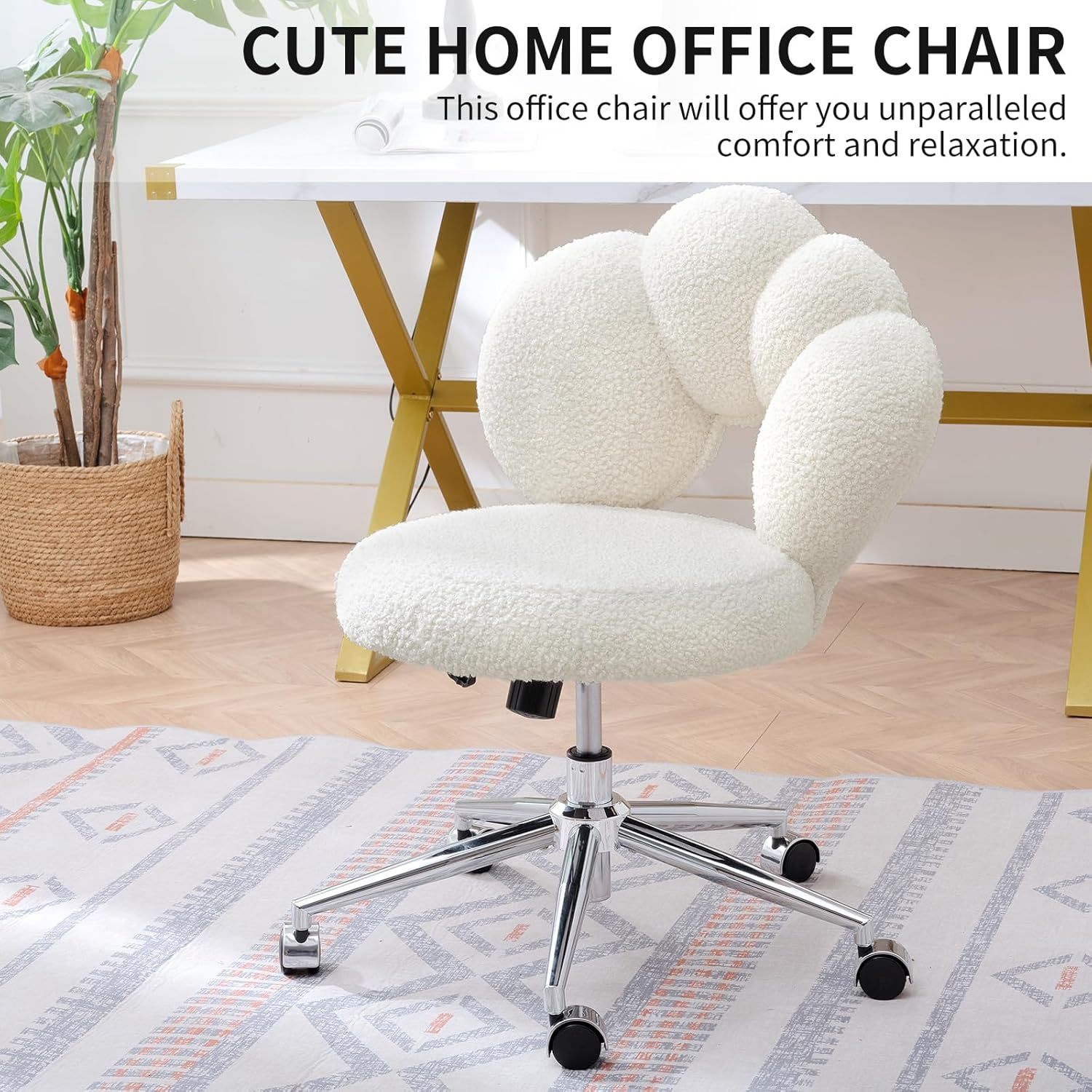 Cute Home Office Chair, Teddy Upholstered Desk Chair with Petal Back, Adjustable Home Desk Chair with Open Back