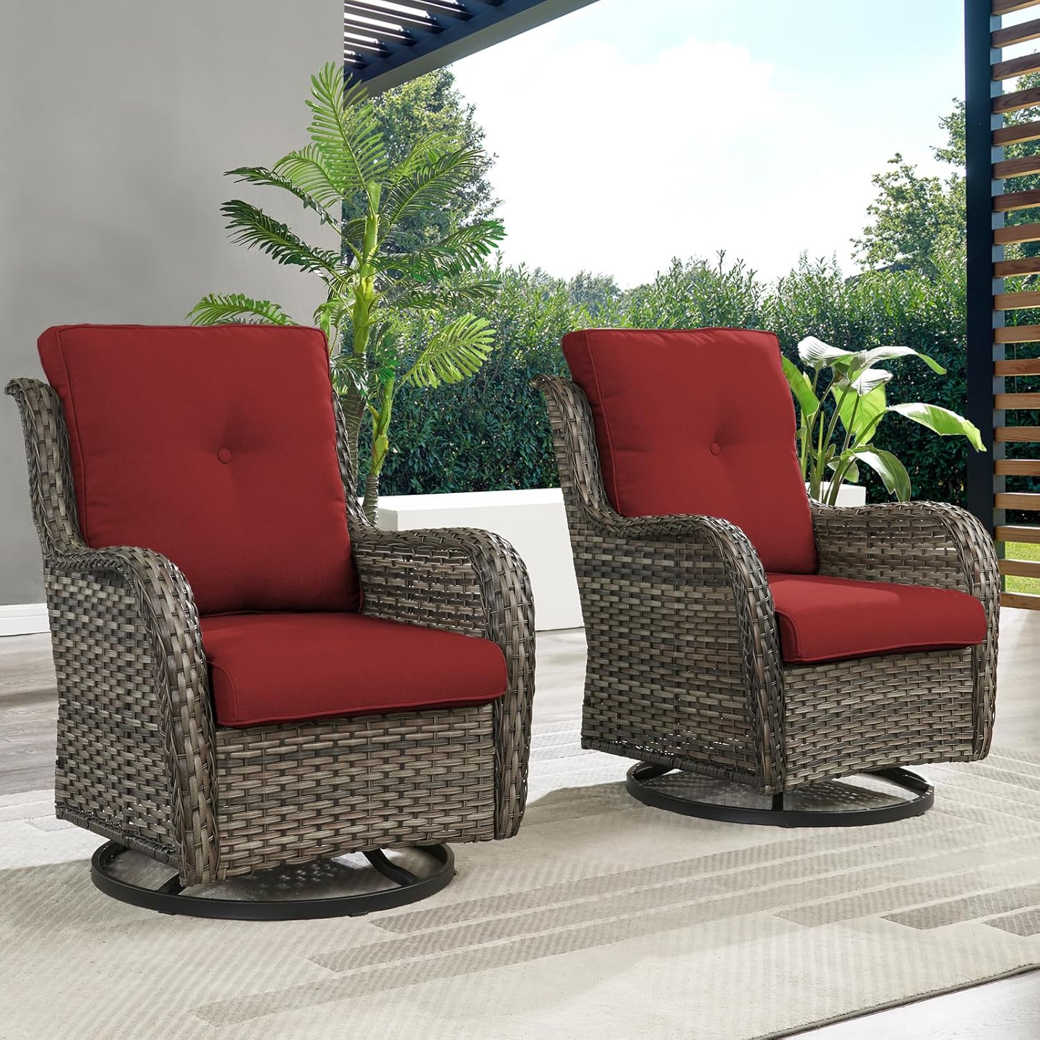 5 Piece Outdoor Patio Furniture Set Wicker Conversation Bistro Set Swivel Rocking Chairs with Side Table and Ottomans