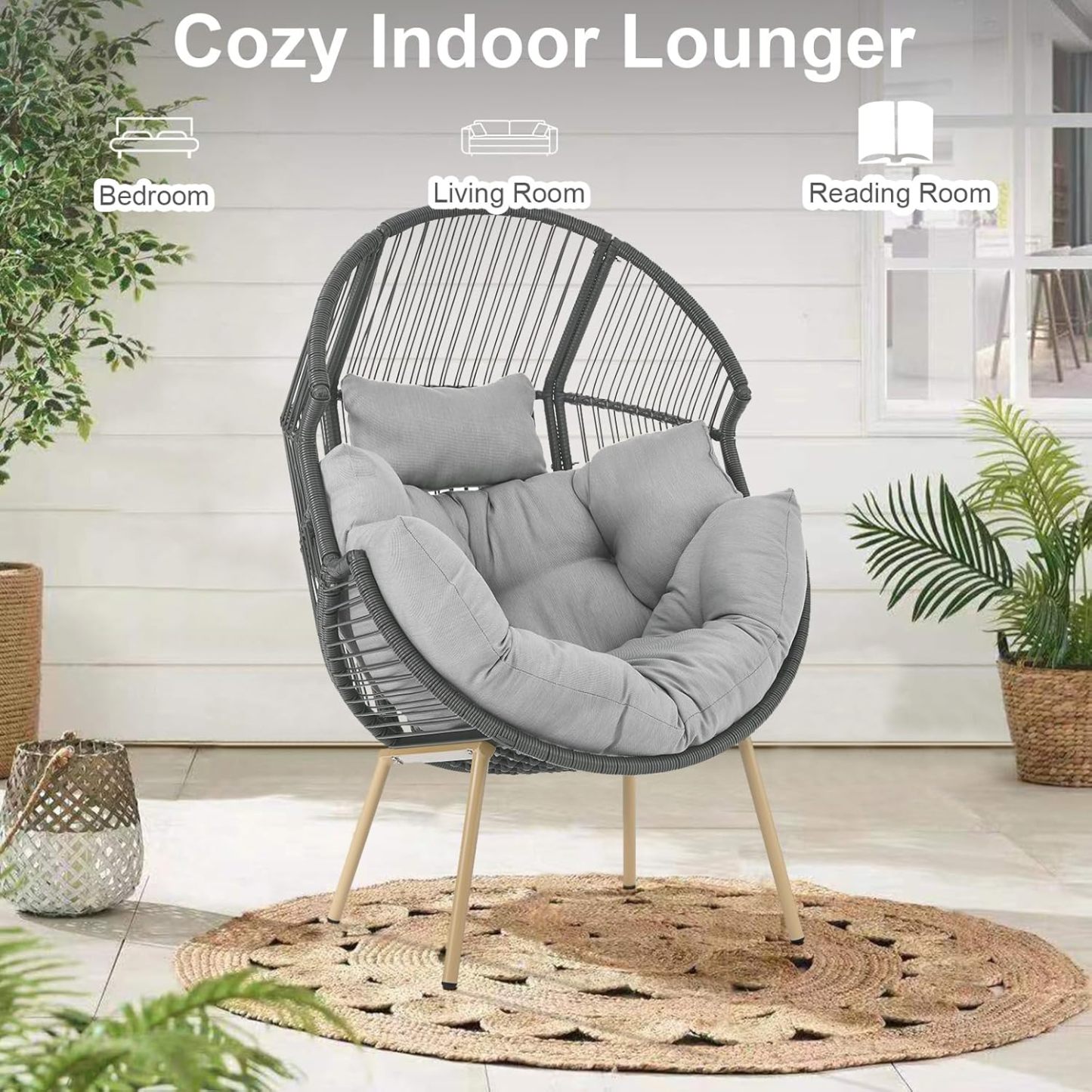Egg Chair Oversized Outdoor Lounger Wicker Egg Basket Chair with Stand Cushions for Patio Backyard Bedroom Living Room 350LB Capacity