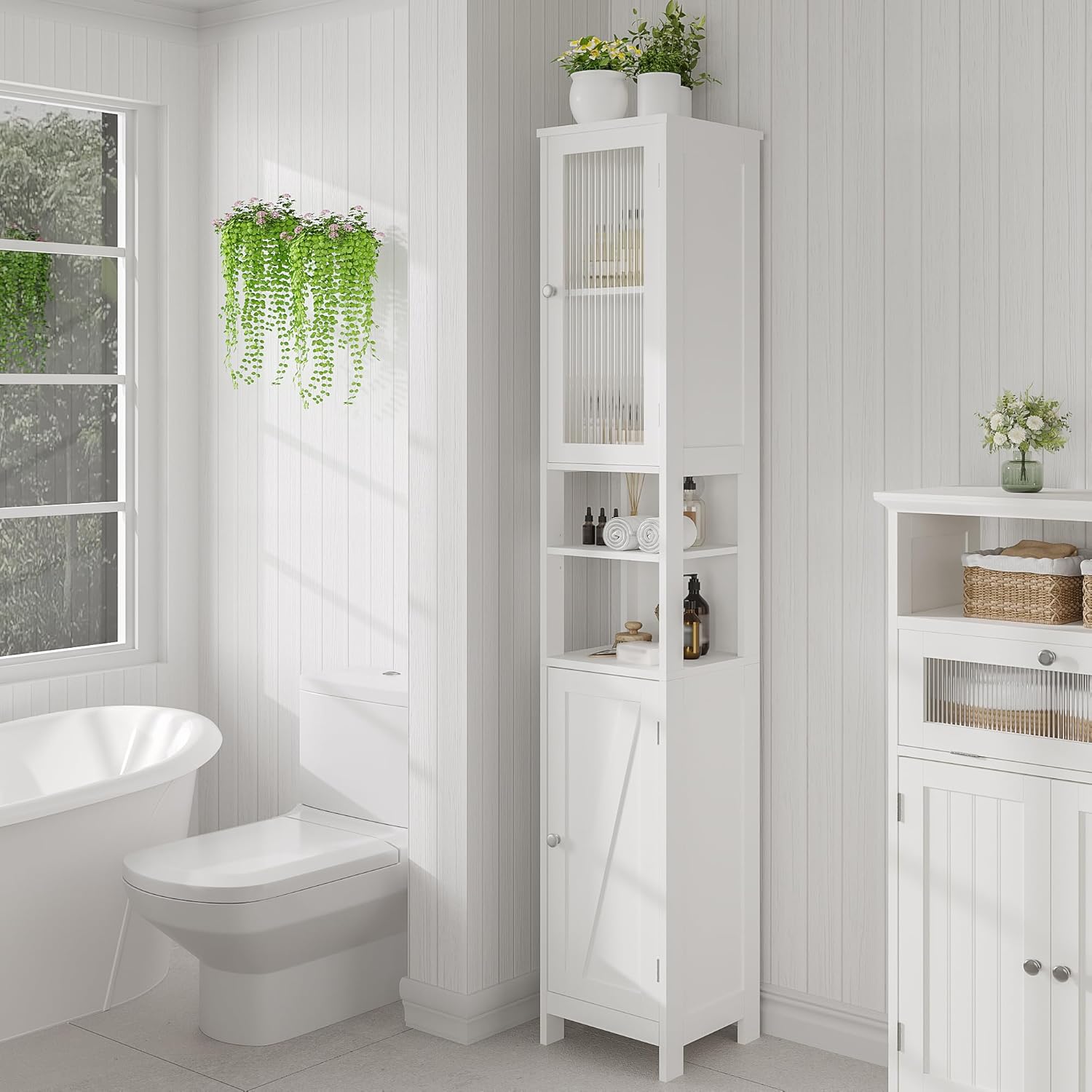 Tall Bathroom Storage Cabinet with Light, 5-Tier Narrow Bathroom Cabinet with 2 Doors