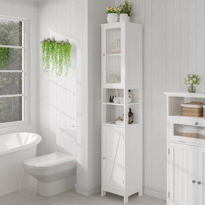 Tall Bathroom Storage Cabinet with Light, 5-Tier Narrow Bathroom Cabinet with 2 Doors