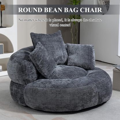 Round Bean Bag Chair for Adult, Chenille Upholstered Bean Bag Sofa with Pillows, Giant Bean Bag Couch
