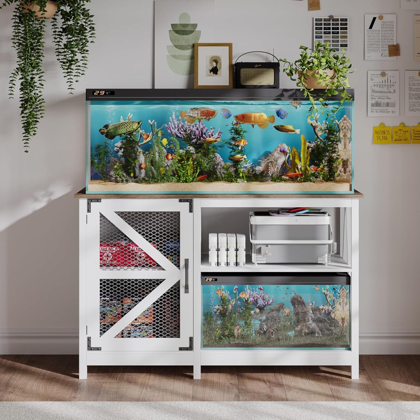 55-75 Gallon Fish Tank Stand with Power Outlets, Farmhouse Aquarium Stand with Cabinet Storage