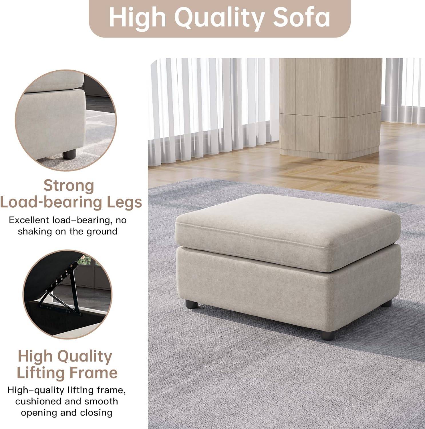 81.88" Off-White Loveseat Sofa, Extra Width Sectional Sleeper Sofa with Armrest, Modular Sectional Sofa with Cushion and Removable Back Cushion, Floor Sofa (Off-White, 1 Ottoman)