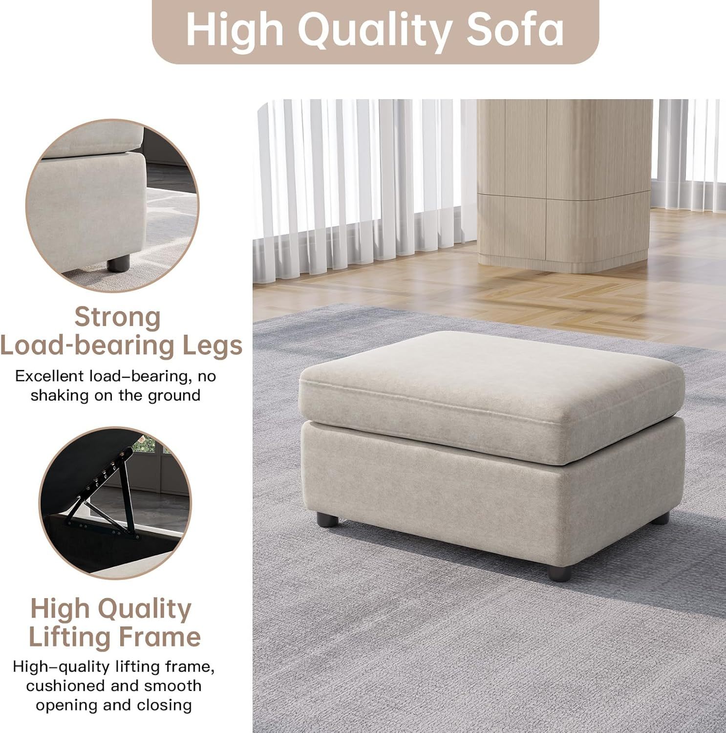 81.88" Off-White Loveseat Sofa, Extra Width Sectional Sleeper Sofa with Armrest, Modular Sectional Sofa with Cushion and Removable Back Cushion, Floor Sofa (Off-White, 1 Ottoman)