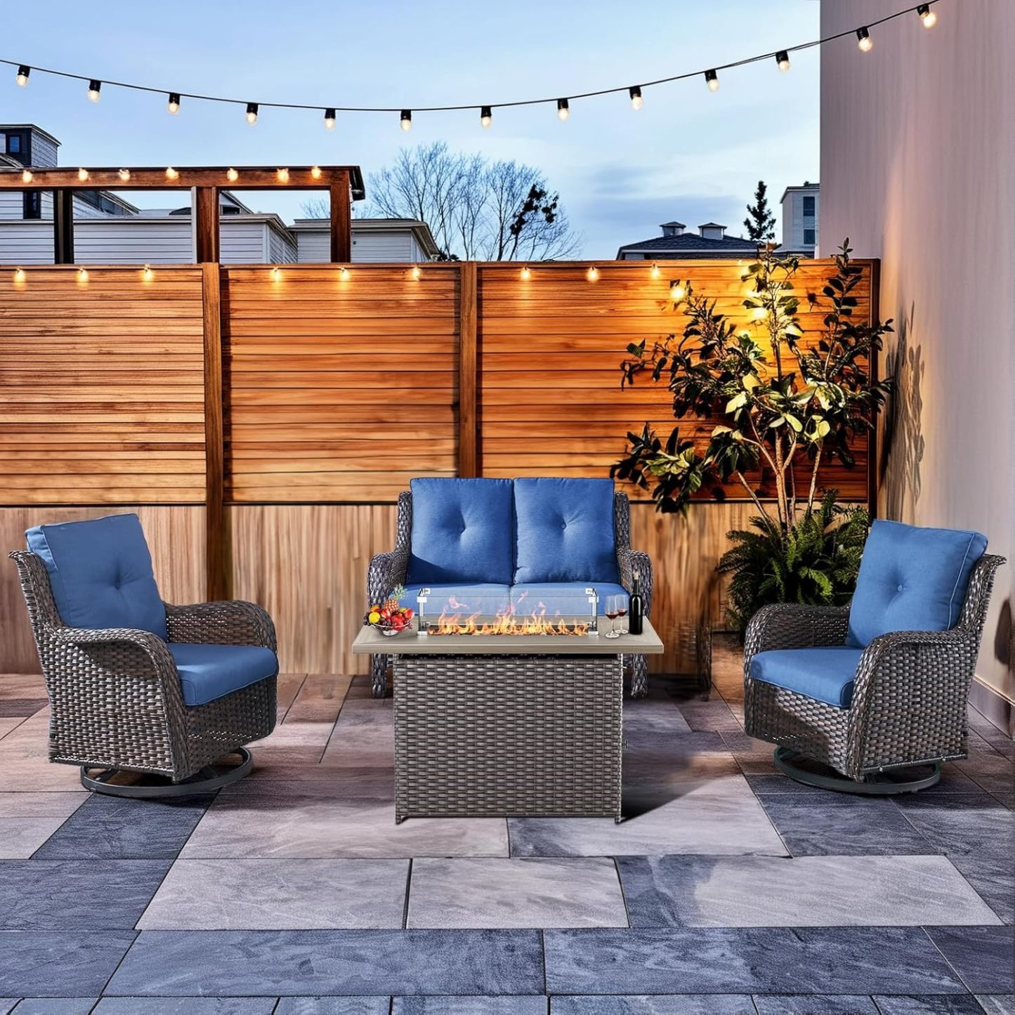 4-Piece Patio Furniture Set with Fire Pit Table Wicker Outdoor Swivel 