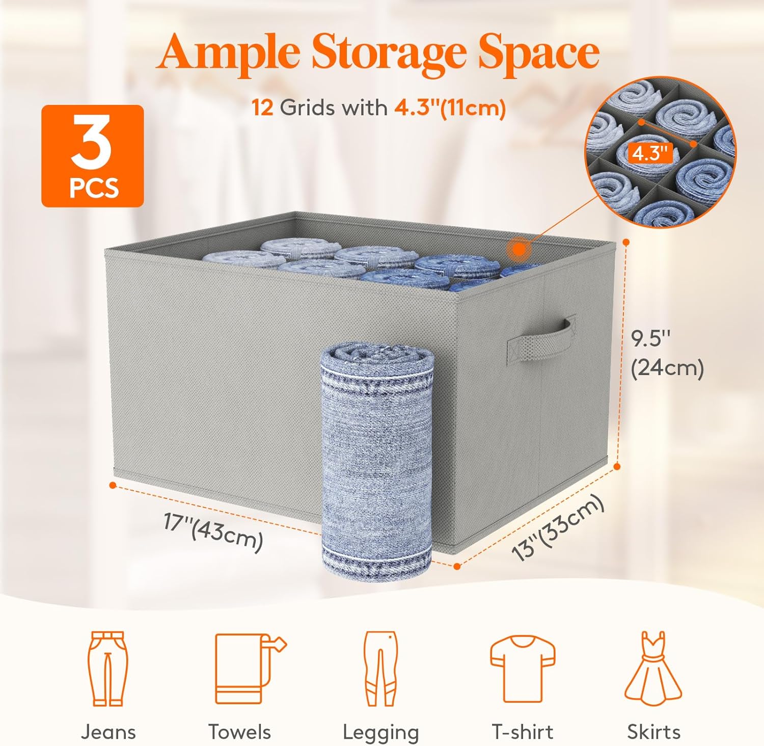 Jeans Organizer for Closet, Large Size Pants Storage Bins 12 Cell, Foldable Clothes Drawer Organizer