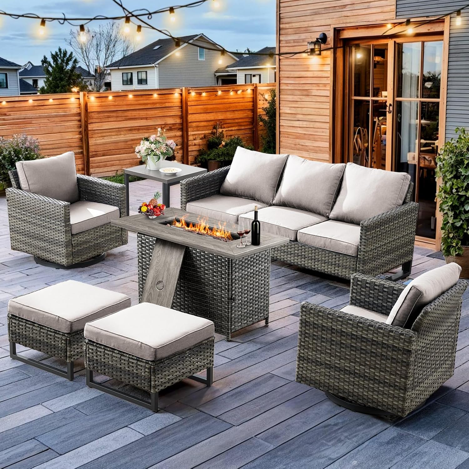 7 Piece Patio Furniture Set with Fire Pit 41in 55,000 BTU,Wicker Outdo