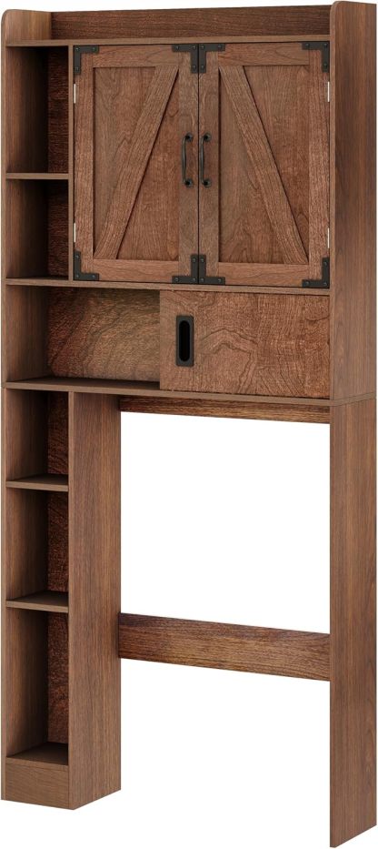 Over The Toilet Storage Cabinet, Farmhouse Bathroom Storage Cabinet with Barn Doors, Sliding Drawer, Adjustable Shelves