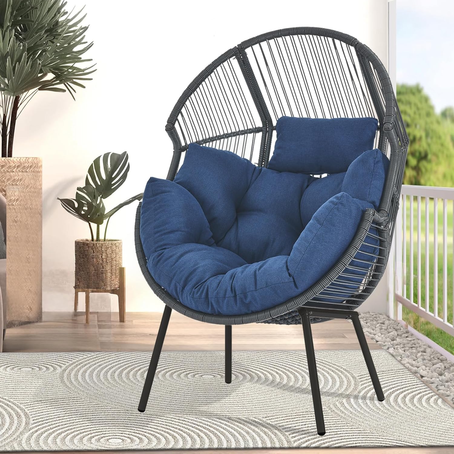 Egg Chair Oversized Outdoor Lounger Wicker Egg Basket Chair with Stand Cushions for Patio Backyard Bedroom Living Room 350LB Capacity
