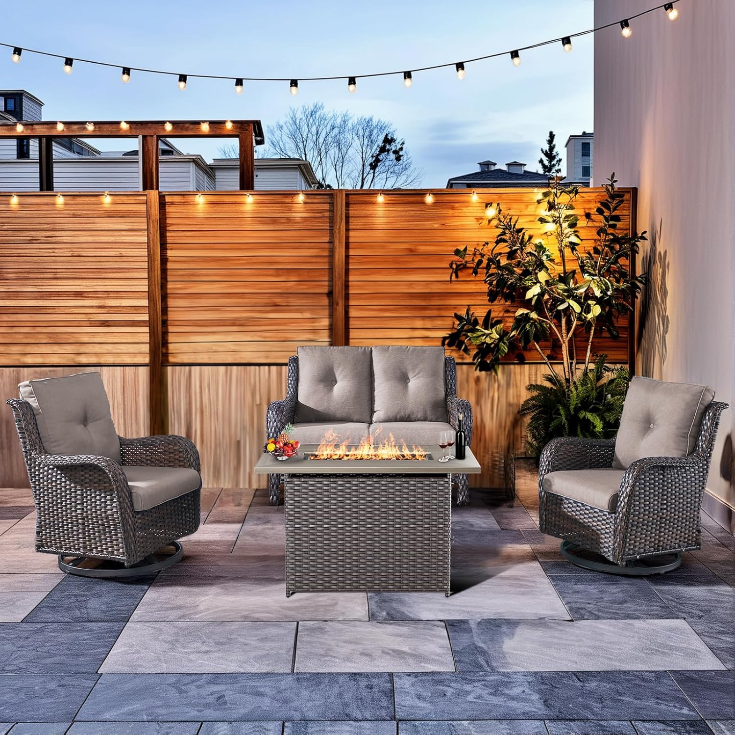 4-Piece Patio Furniture Set with Fire Pit Table Wicker Outdoor Swivel 