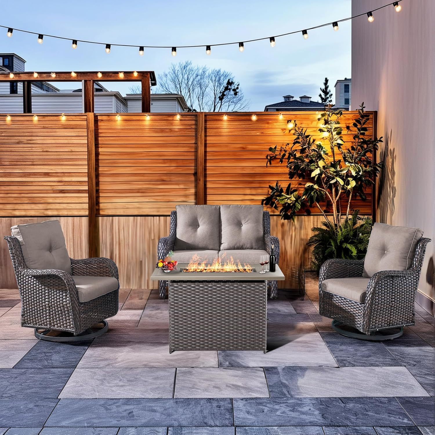 4-Piece Patio Furniture Set with Fire Pit Table Wicker Outdoor Swivel Rocker Patio Chairs High Back Loveseat Conversation Set for Porch