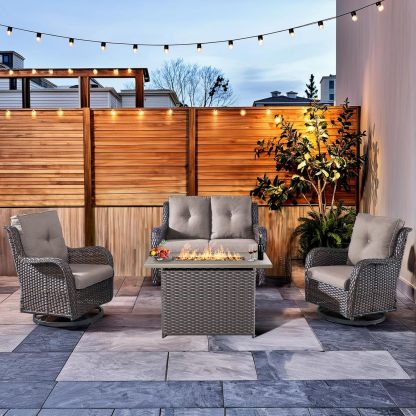 4-Piece Patio Furniture Set with Fire Pit Table Wicker Outdoor Swivel Rocker Patio Chairs High Back Loveseat Conversation Set for Porch