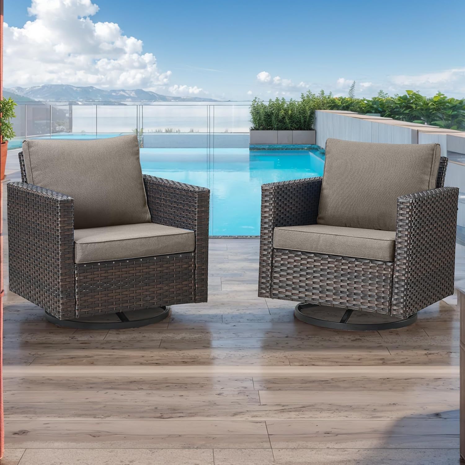 3-Piece Patio Swivel Chairs,PE Wicker Outdoor Rocking Chairs Bistro Set with Side Table Porch Balcony Furniture with Cushions