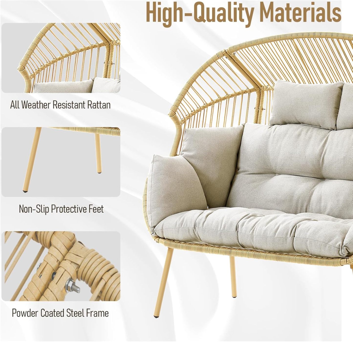 Double Egg Chair - 2 Person Wicker Egg Chair with 550Lbs Capacity Egg Basket Chair for Patio Balcony Living Room Sunroom