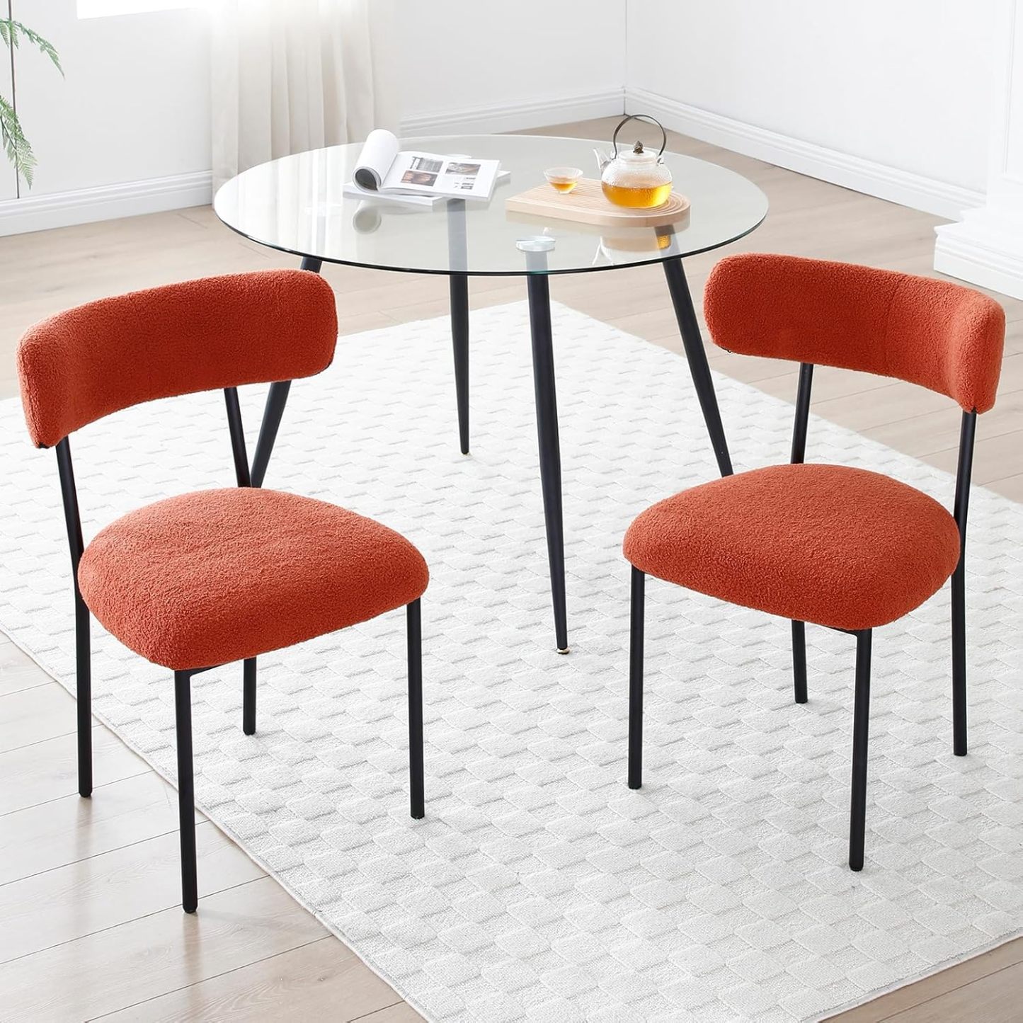 Dining Chairs Set of 2, Teddy Upholstered Side Chairs with Open Back, Comfy Kitchen Chairs with Metal Legs