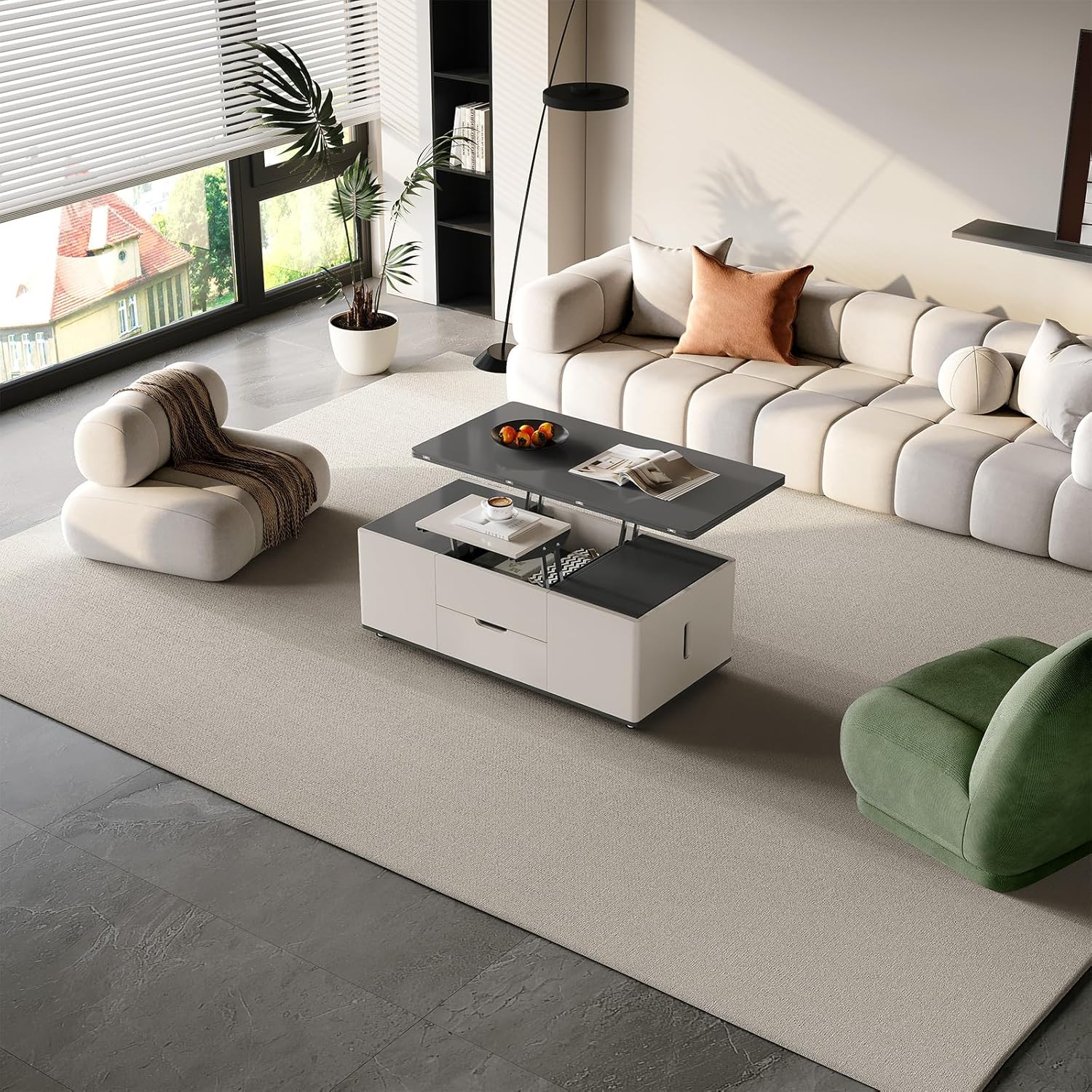 Lift Top Coffee Table with 2 Seats Set, Faux Marble Print Top Coffee Table with Movable Wheels,Convertible to Dining Table