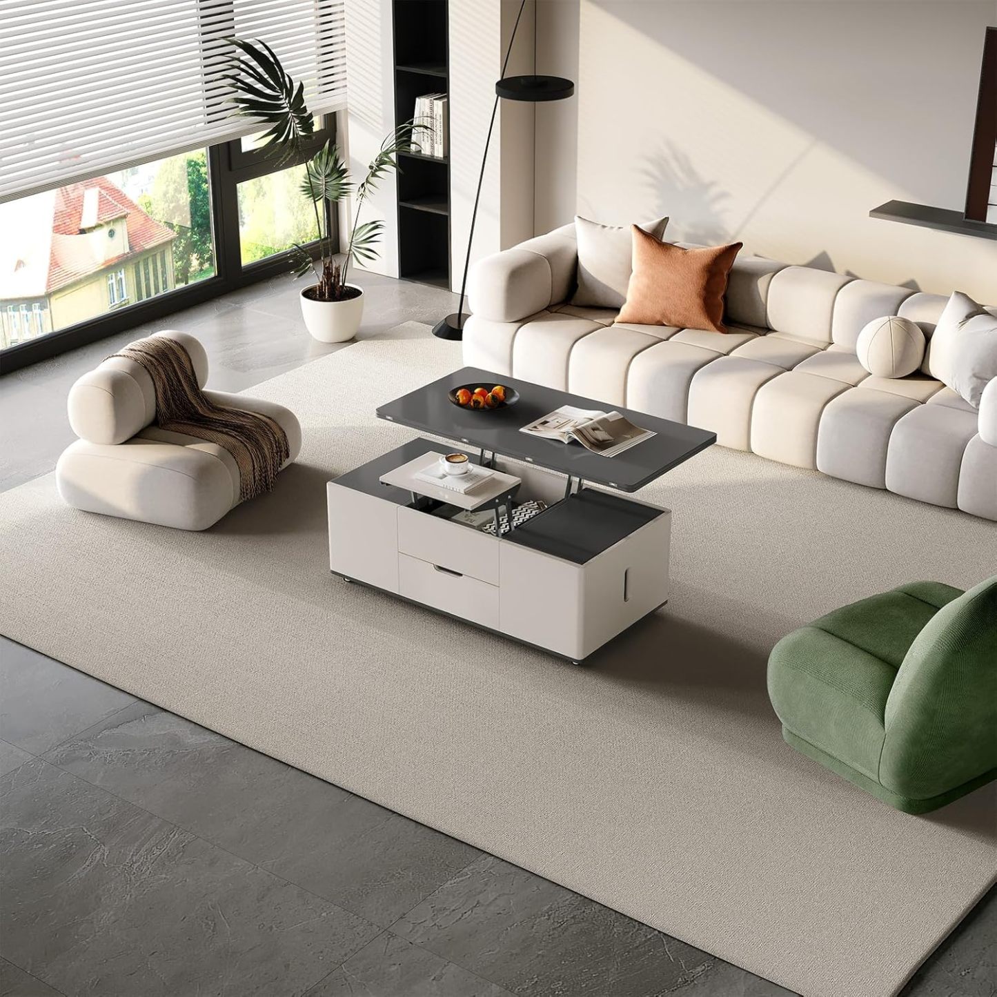 Lift Top Coffee Table with 2 Seats Set, Faux Marble Print Top Coffee Table with Movable Wheels,Convertible to Dining Table