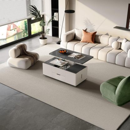 Lift Top Coffee Table with 2 Seats Set, Faux Marble Print Top Coffee Table with Movable Wheels,Convertible to Dining Table