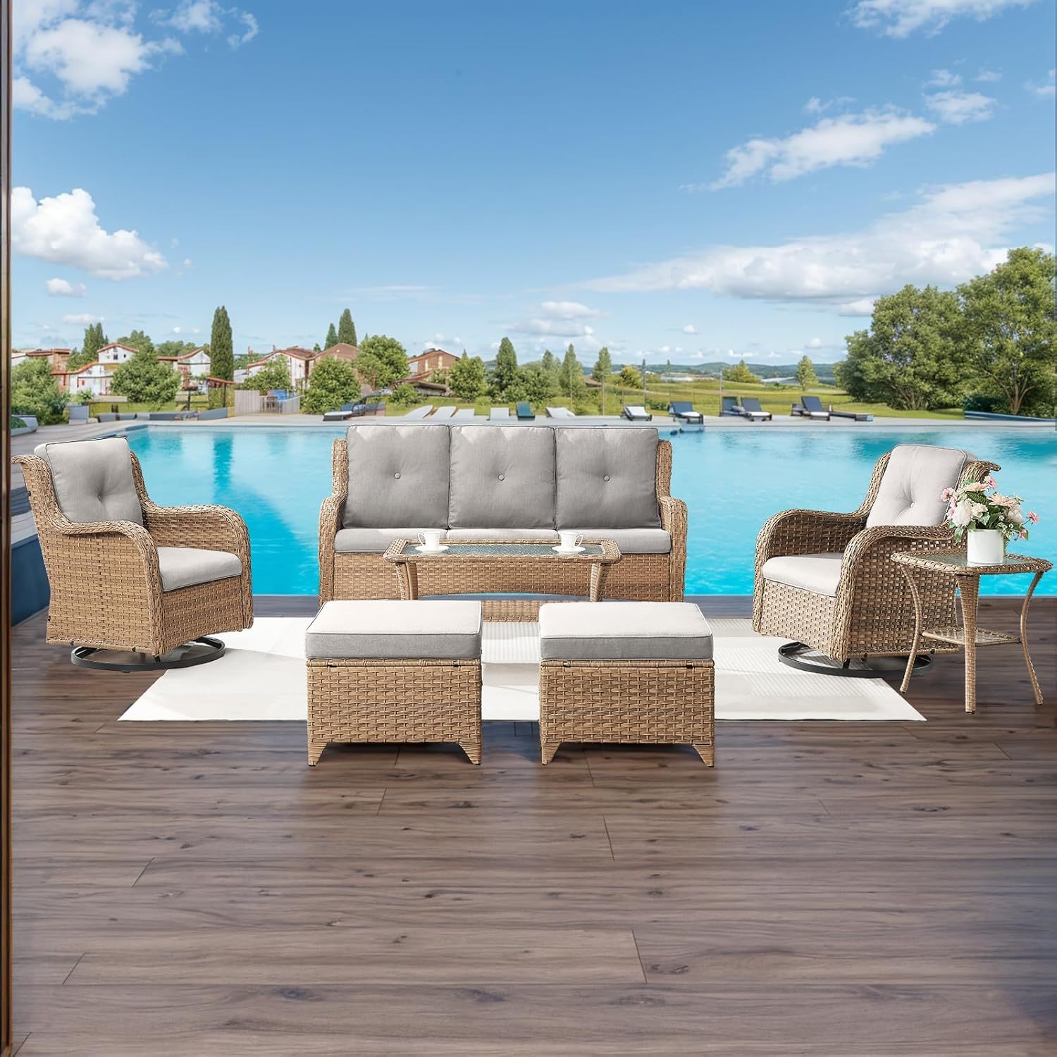 Patio Furniture 7 Pieces Outdoor Furniture Set PE Wicker Patio Couch with Swivel Rocker Chairs,Patio Ottomans,Outdoor Tables