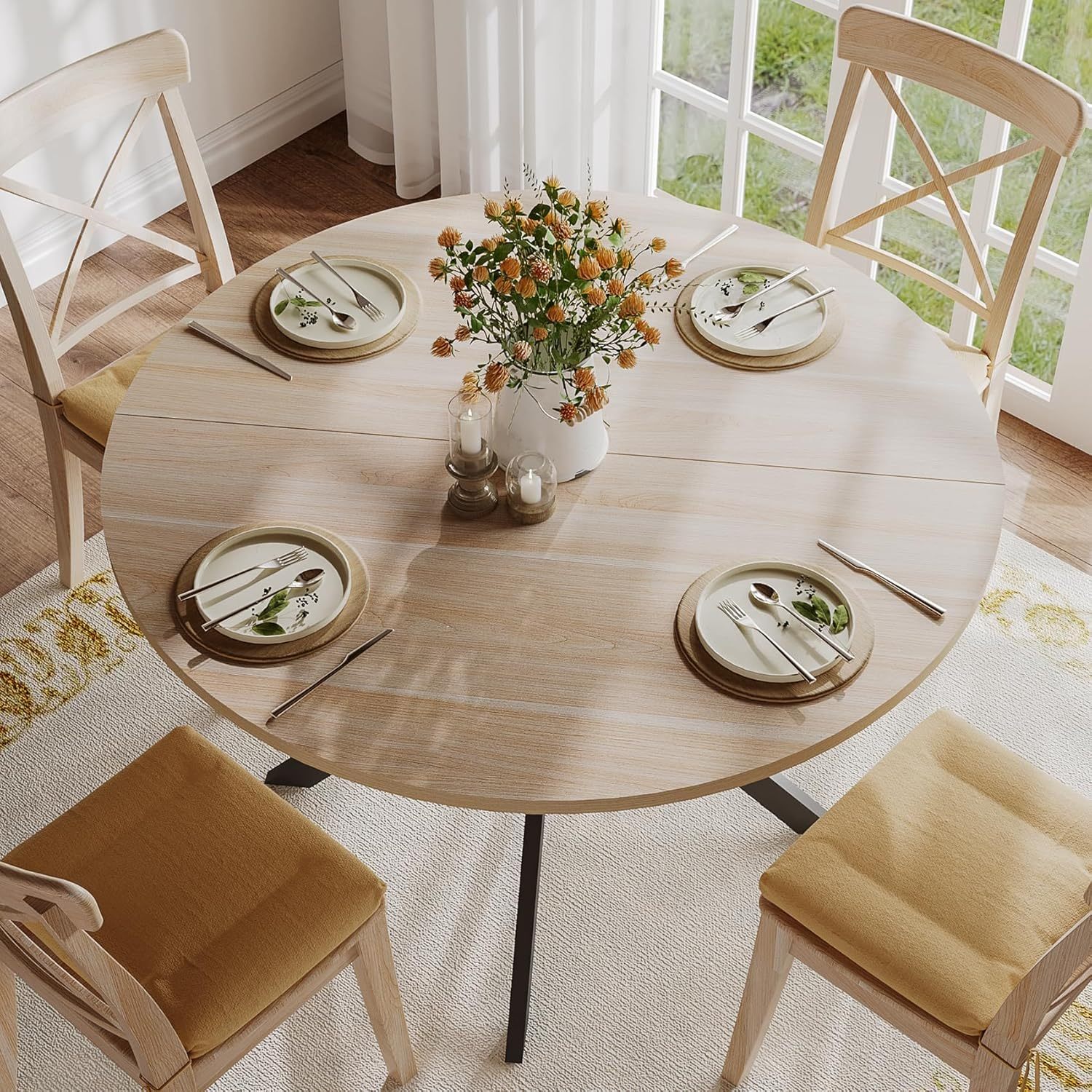 47.2 Inch Round Dining Table for 4, Wood Kitchen Table, Round Dinner Table