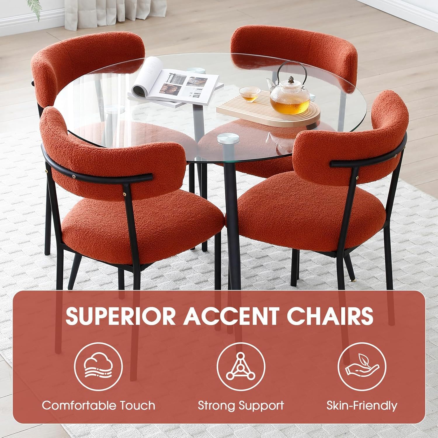 Dining Chairs Set of 2, Teddy Upholstered Side Chairs with Open Back, Comfy Kitchen Chairs with Metal Legs