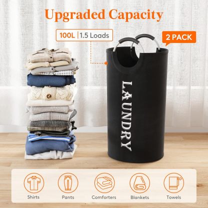100L 2-Pack Large Laundry Basket, Collapsible Laundry Hamper with Aluminum Handles, Waterproof Freestanding Dirty Clothes Hampers