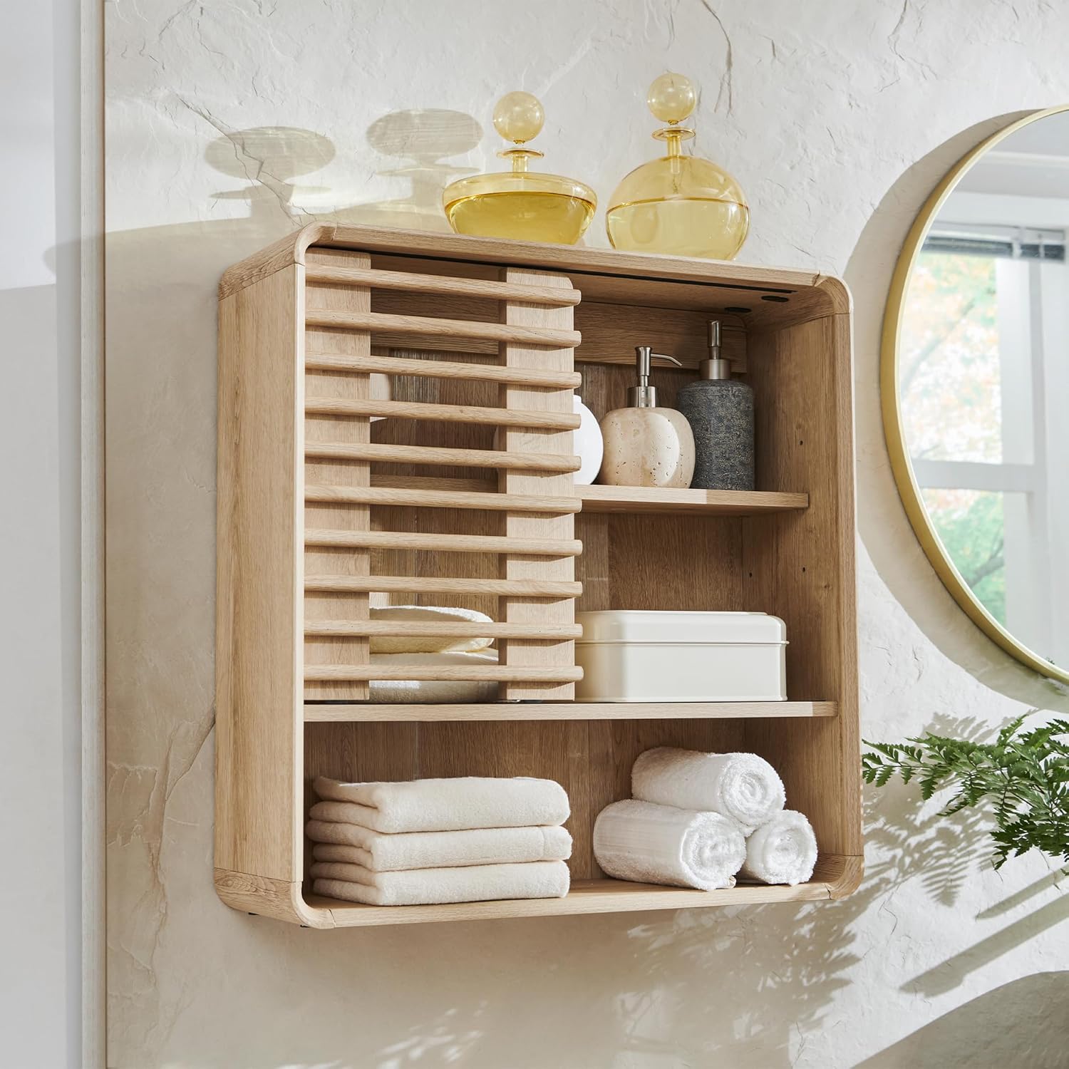 Bathroom Wall Cabinet, Mid-Century Medicine Cabinet with Slatted Sliding Door, Adjustable Shelf & Curved Edges