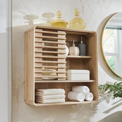 Bathroom Wall Cabinet, Mid-Century Medicine Cabinet with Slatted Sliding Door, Adjustable Shelf & Curved Edges