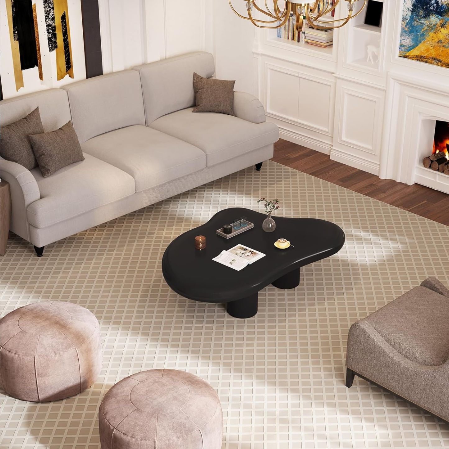 35.82" Black Cloud Coffee Table, Modern Round Edge Coffee Table with 4 Sturdy Support Legs and 2.67" Thick Tabletop,Easy Match for Living Room