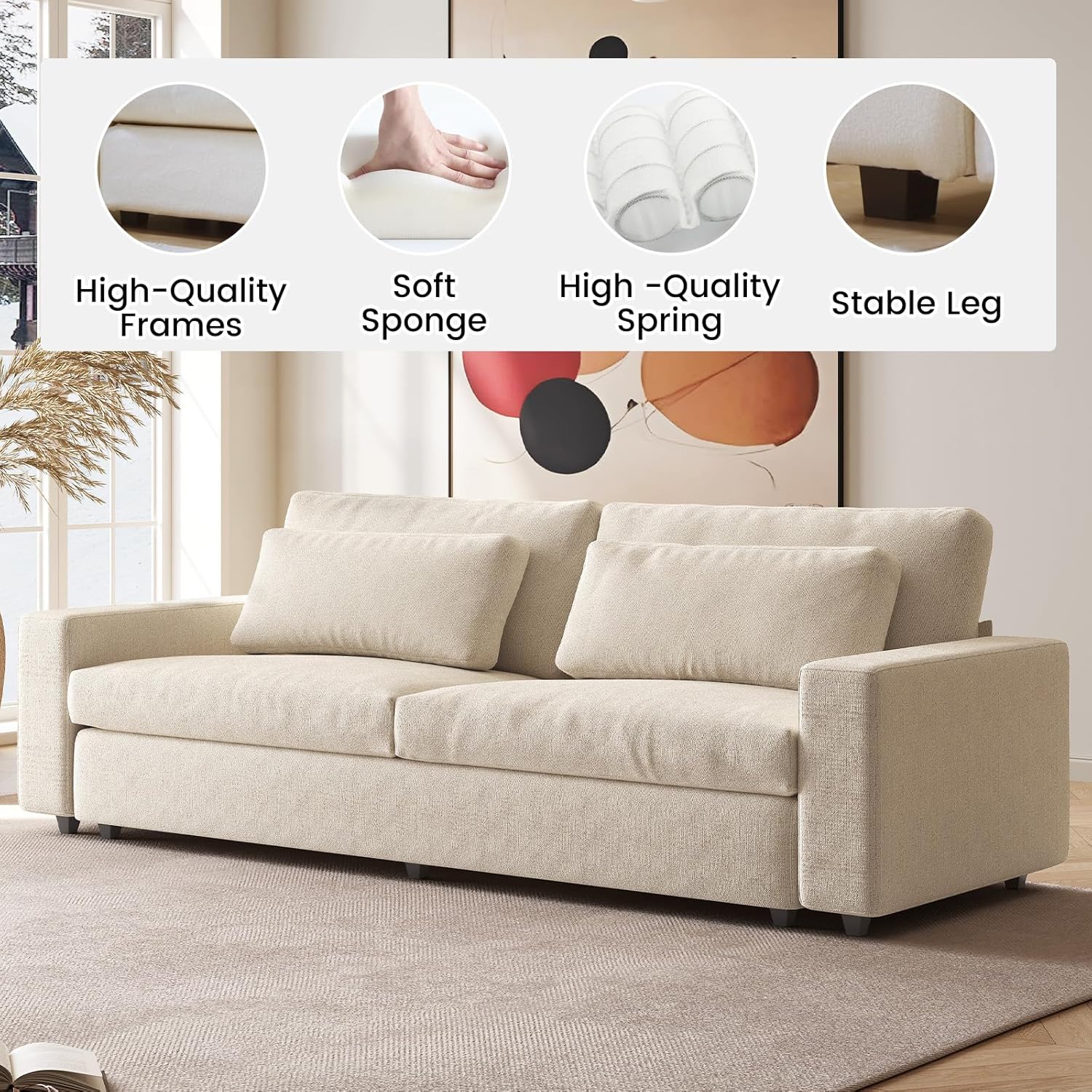 104" Spacious Modular Sofa Couch, Comfy Poofy Cloud Sofa with Armrest and Pillows, Modern White Couch with Deep Seat