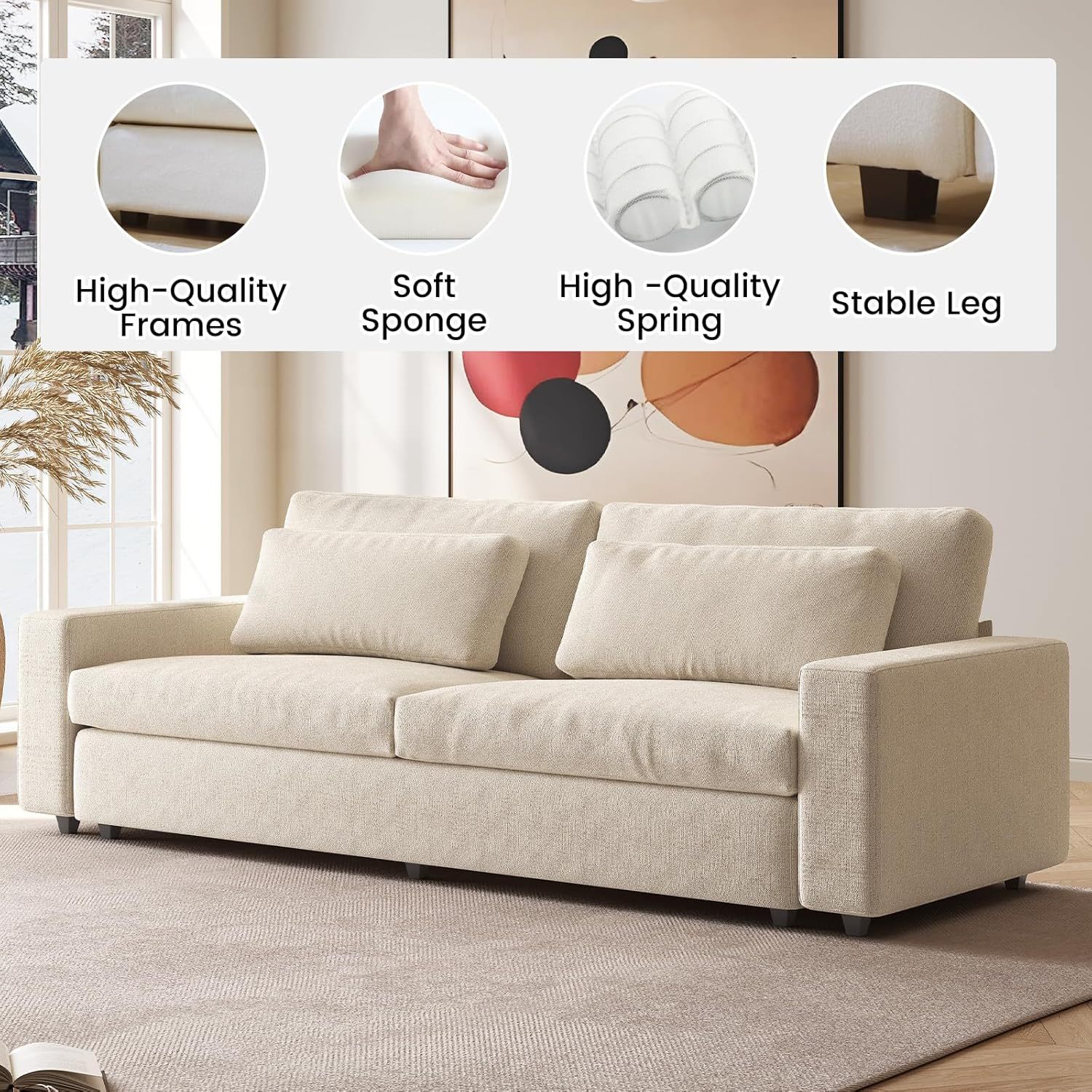 104" Spacious Modular Sofa Couch, Comfy Poofy Cloud Sofa with Armrest and Pillows, Modern White Couch with Deep Seat