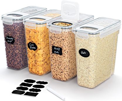 4L(135oz) Cereal Containers Storage with Flip-Top Lids, 4pcs Airtight Food Storage Canister Sets with Label Stickers for Kitchen Pantry Counter Organization