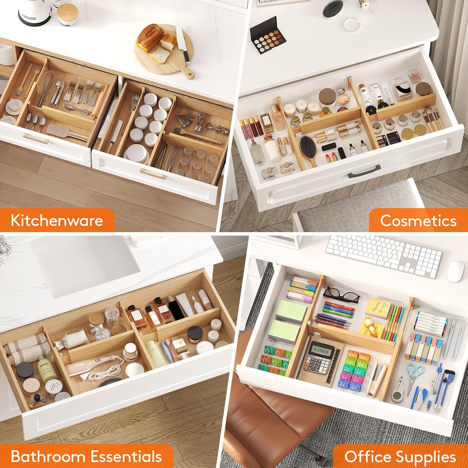 5 Pack Drawer Dividers Bamboo 4" High, 12-17" Adjustable Drawer Organizers for Clothes, Expandable Dresser Separators