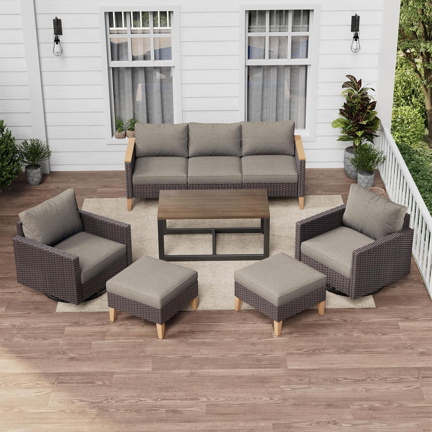 8 Pieces Patio Furniture Set,Outdoor Modular Sectional Couch Swivel Rocking Chairs with Ottomans,All Weather PE Wicker Wide Armrest for Garden Porch Backyard