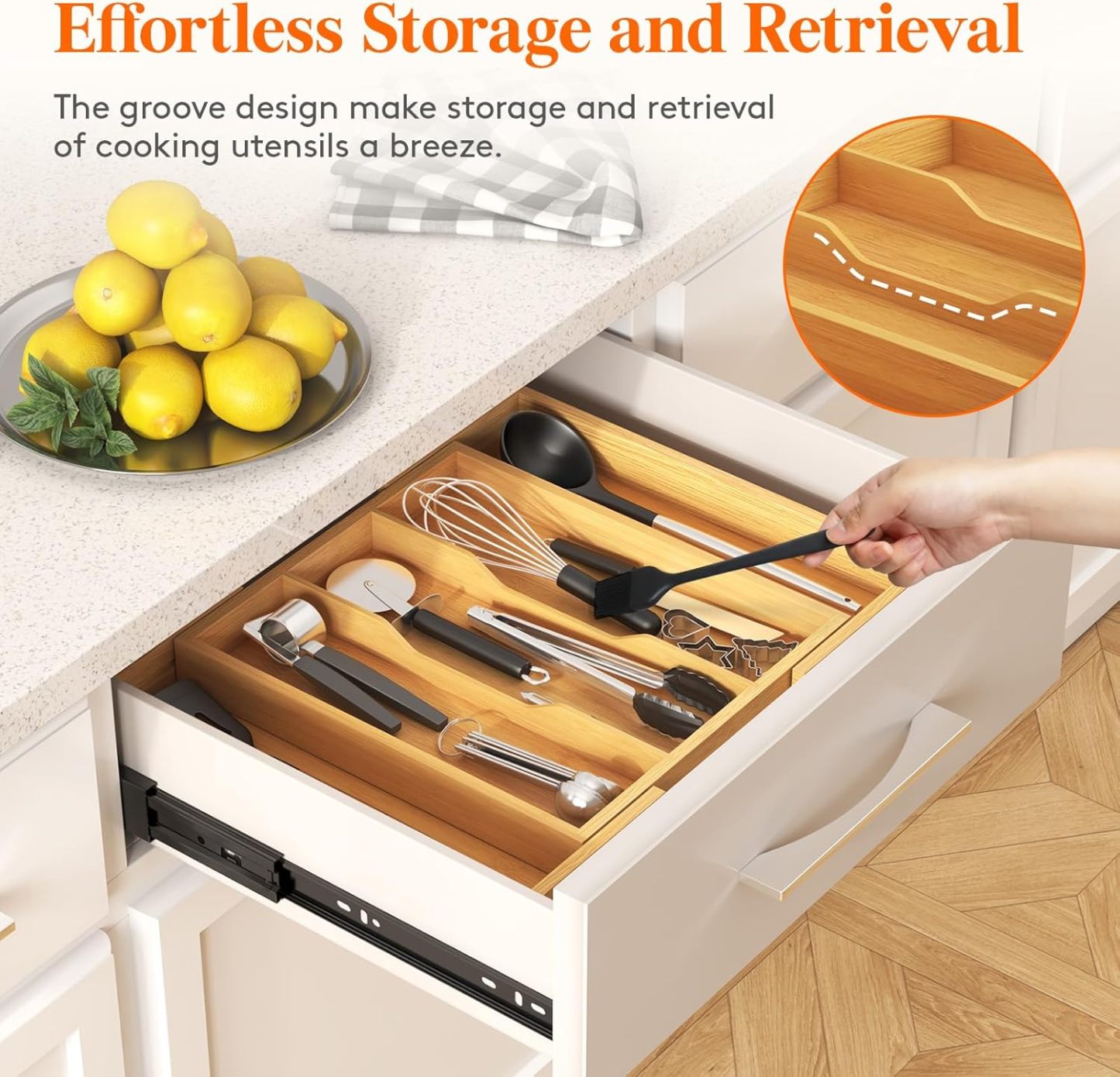 Utensil Organizer for Kitchen Drawer, Expandable Cooking Utensil Tray, Bamboo Cutlery Silverware Flatware Holder