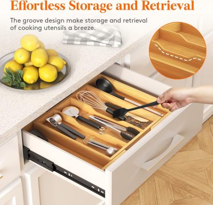 Utensil Organizer for Kitchen Drawer, Expandable Cooking Utensil Tray, Bamboo Cutlery Silverware Flatware Holder
