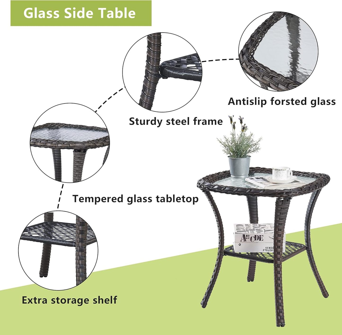 Patio Wicker Side Table Outdoor, Rattan End Table Glass Top Coffee Table with Storage Grey