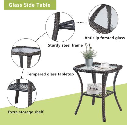 Patio Wicker Side Table Outdoor, Rattan End Table Glass Top Coffee Table with Storage Grey