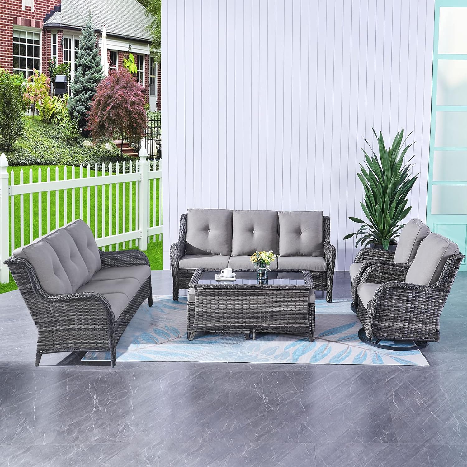 7pcs Patio Furniture Set Swivel Rocker Patio Chairs,PE Wicker Outdoor Sofa Set of 2 with Coffee Table and Ottomans