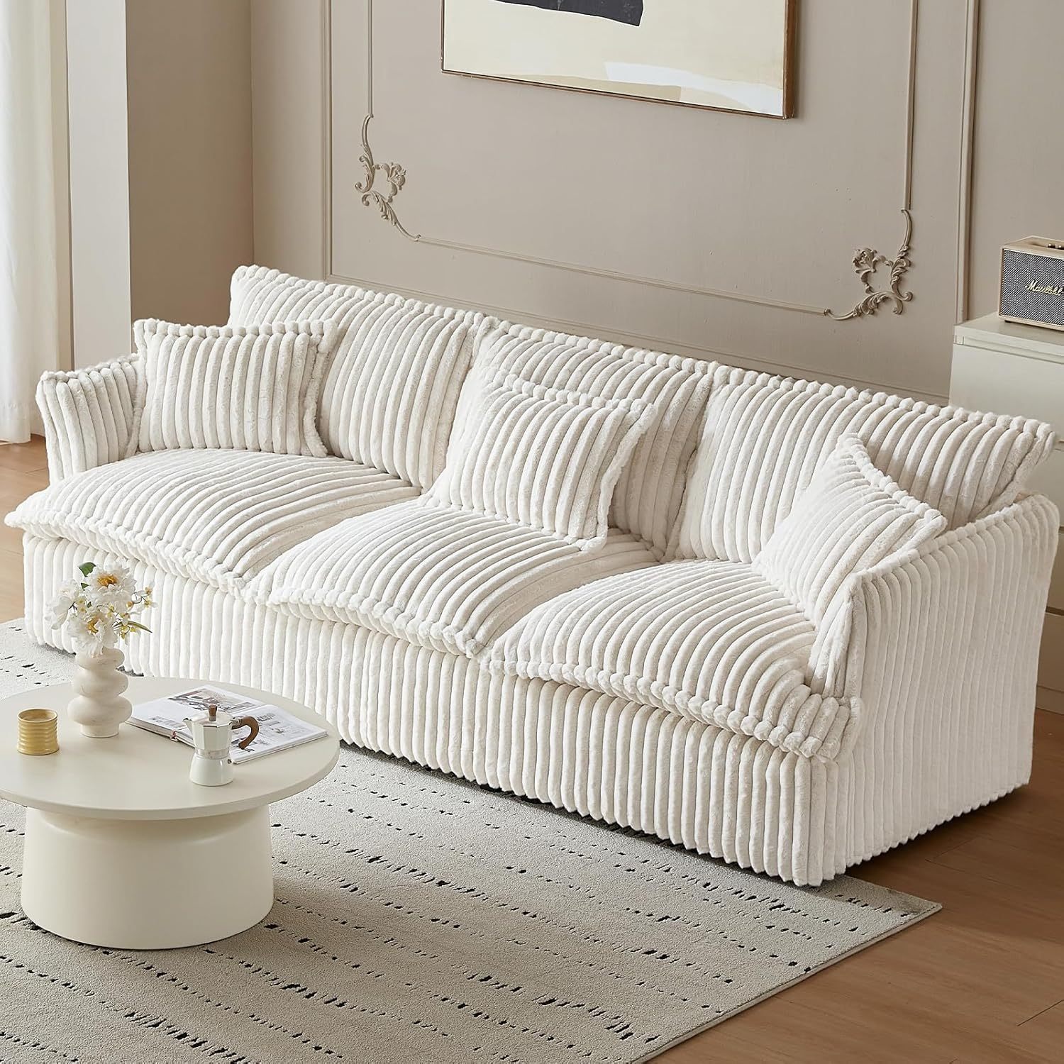 101" Spacious Corduroy Futon Couch, 3 Seater White Cloud Couch, Comfy Soft Sofa, Modern Corduroy Couch for Bedroom, 2 Seater Floor Couch for Living Room, Memory Foam Couch(White, 3 Seater)