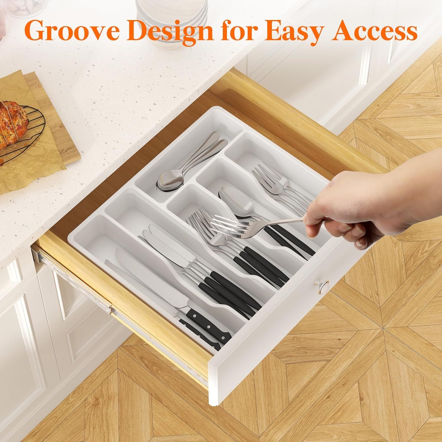 Silverware Organizer with Lid, Covered Utensil Tray for Kitchen Drawer and Countertop, Plastic Cutlery and Flatware Storage Box