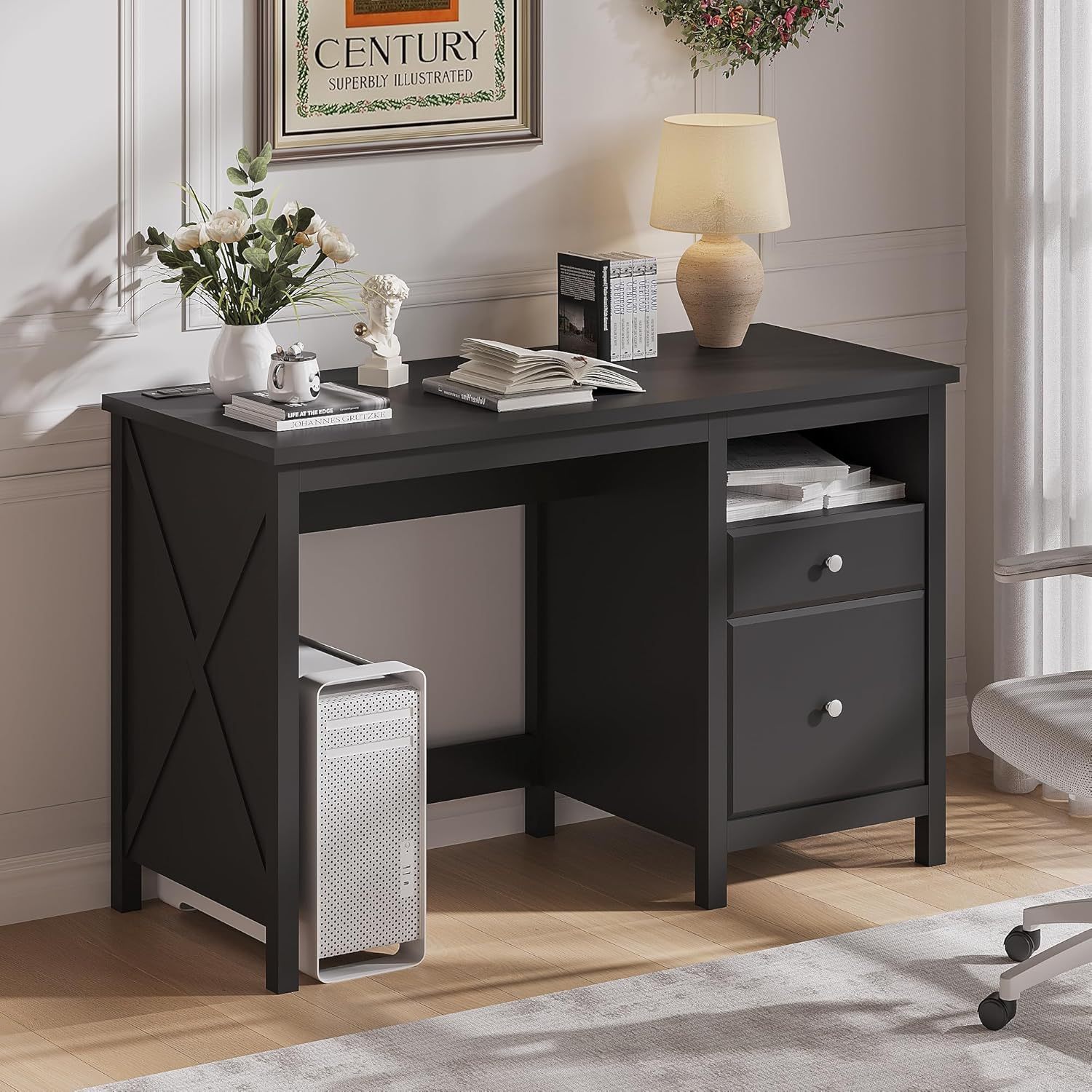 47" Black Desk with Drawers, Wood Home Office Computer Desk with Charging Station