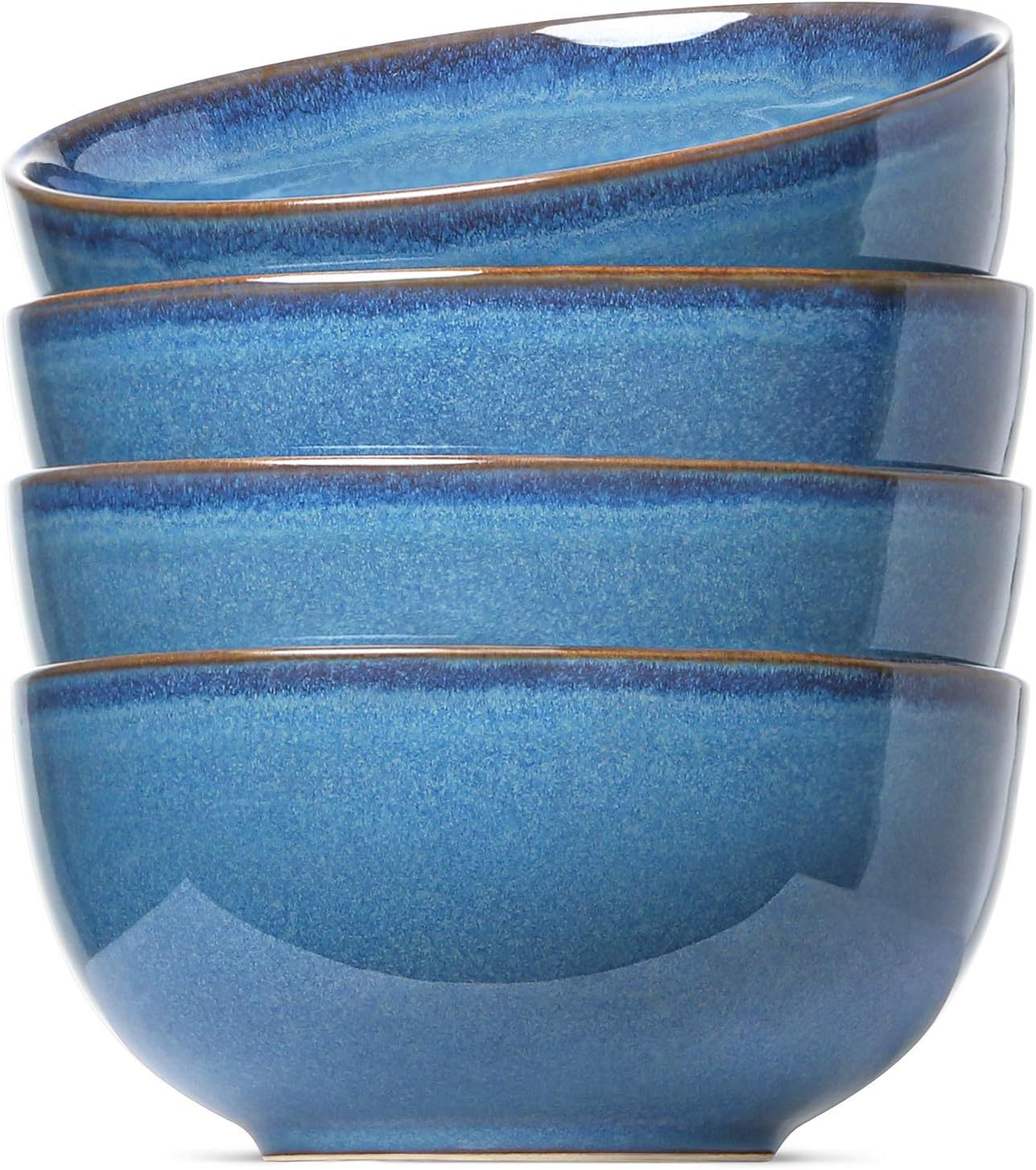 Cereal Bowls 6 Inch, Ceramic Bowl Set for Soup, Dessert, Fruits, Salad, Noodle, Ramen, 22 Ounce Bowls for Kitchen, Set of 4, Ceylon blue