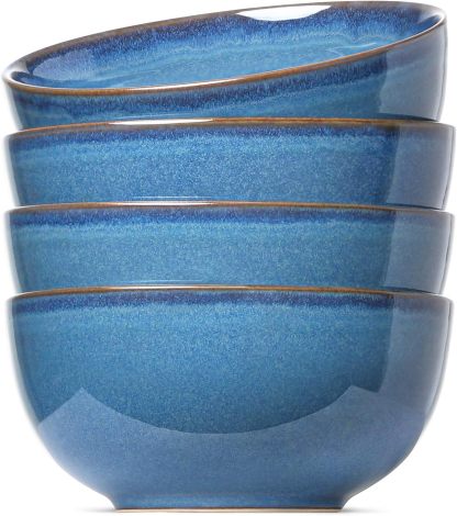 Cereal Bowls 6 Inch, Ceramic Bowl Set for Soup, Dessert, Fruits, Salad, Noodle, Ramen, 22 Ounce Bowls for Kitchen, Set of 4, Ceylon blue