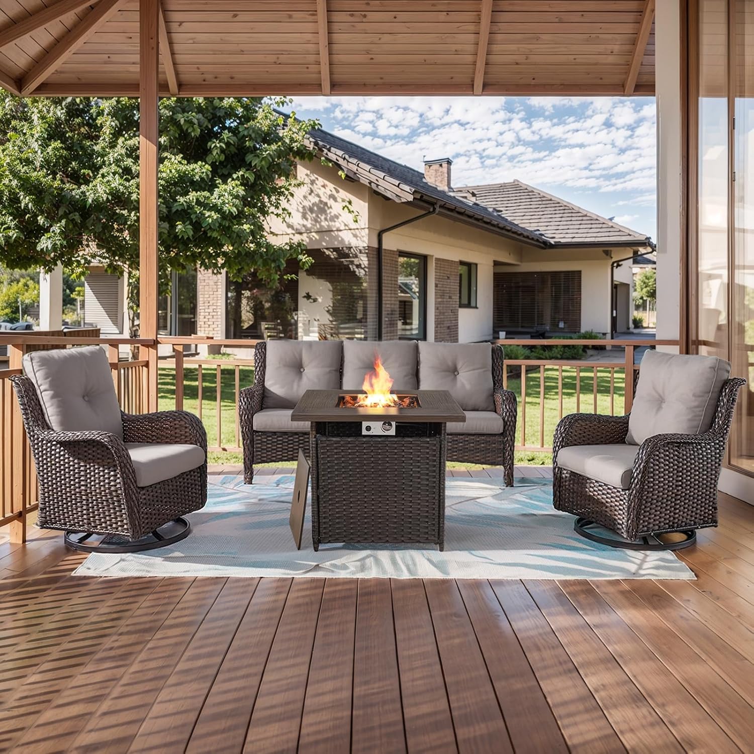 Furniture with Fire Pit 4-Piece Wicker Outdoor Sectional Couch and Swi
