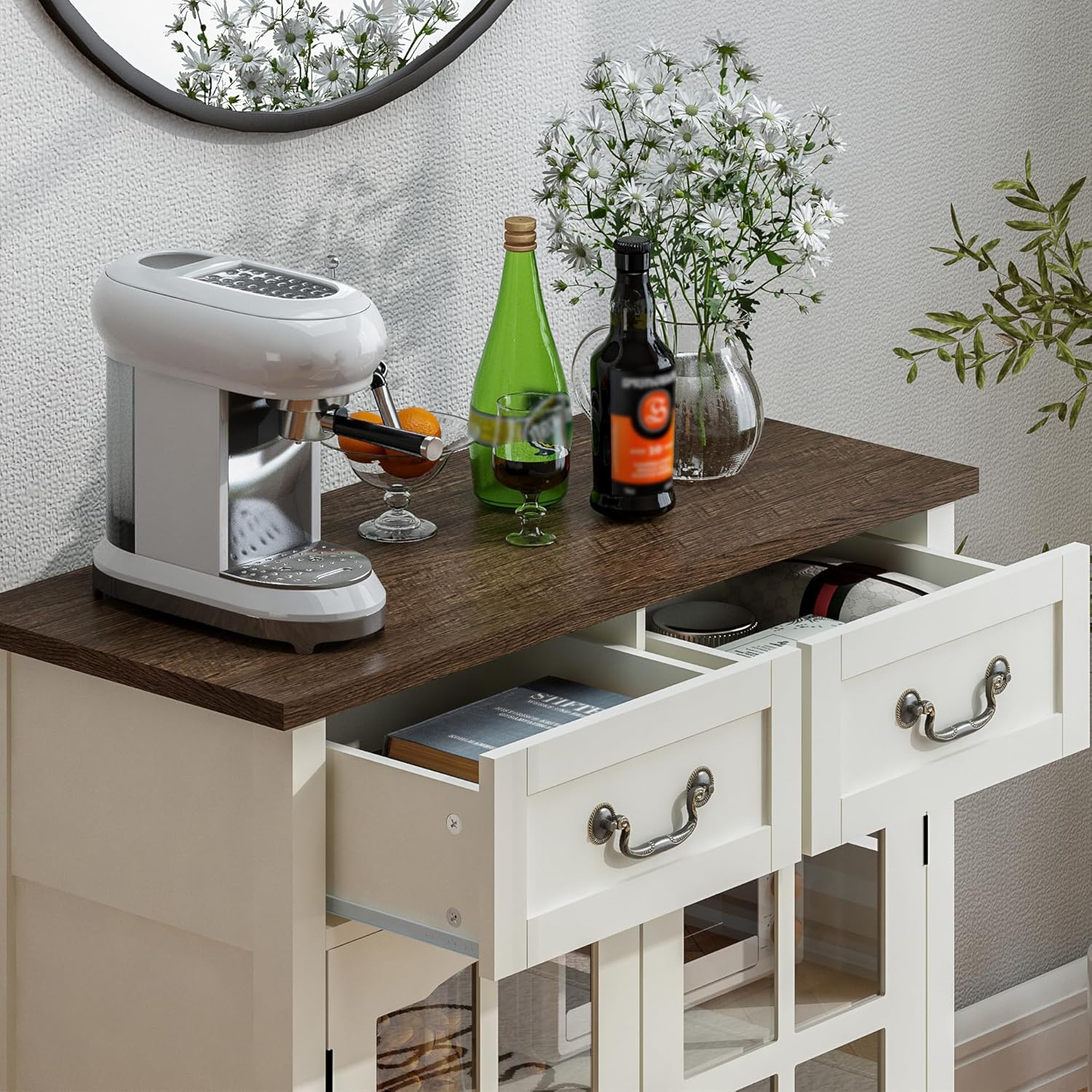 Farmhouse Sideboard Buffet Cabinet with Storage, Coffee Bar Cabinet with Glass Doors