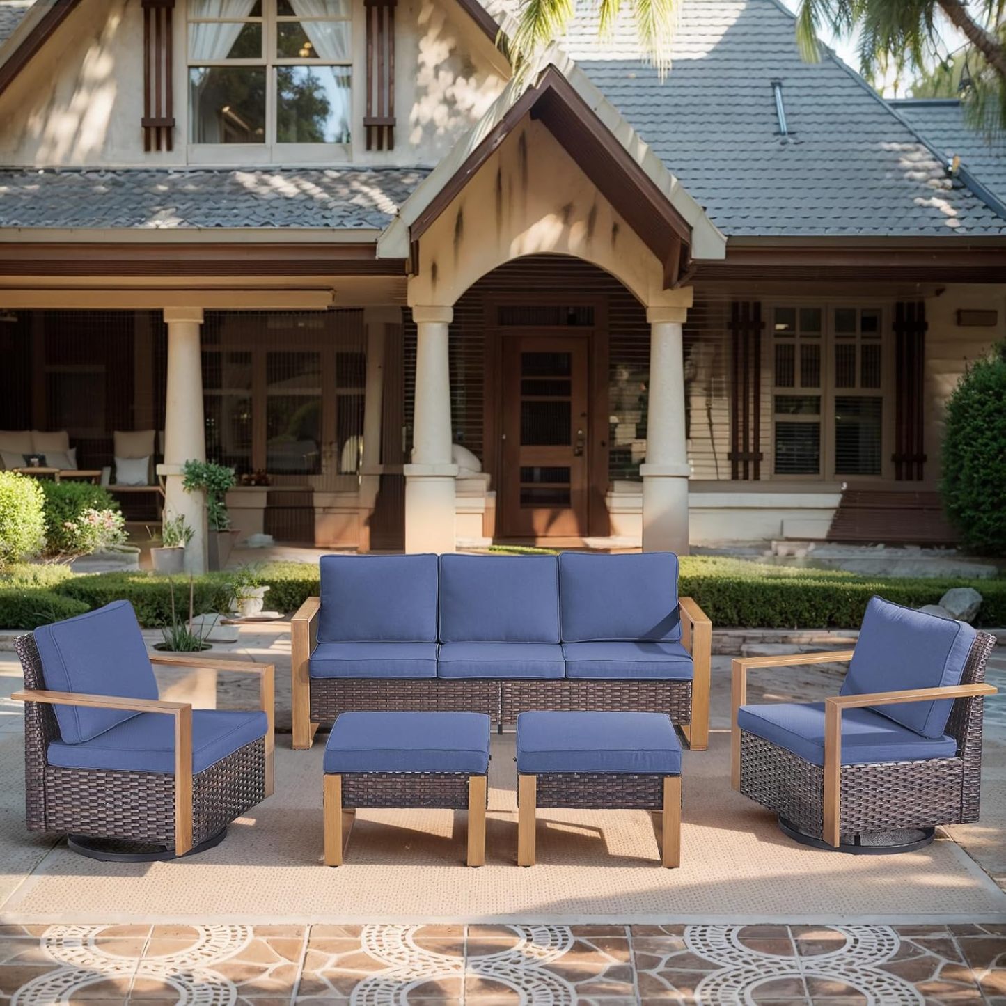 5 Piece Wicker Patio Furniture Set-Deep Seating Outdoor Couch with Swivel Patio Chairs Patio Furniture Set for Garden Backyard Balcony Poolside