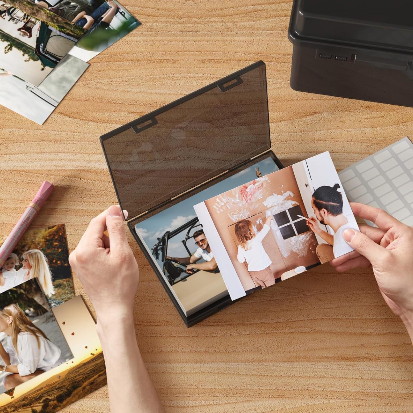 Photo Storage Box 5x7 Photo Case, Each for 9 Inner Keeper, Black Photo Organizer for Seeds Cards Pictures Office Supplies with 1 Sheets Label Sticker, 1 Pack